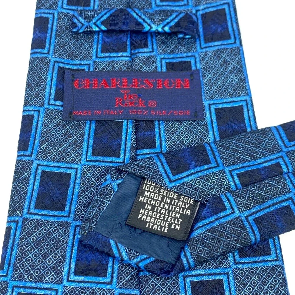 CHARLESTON Tie Rack Mens Blue Geometric 100% Silk Necktie Made in Italy